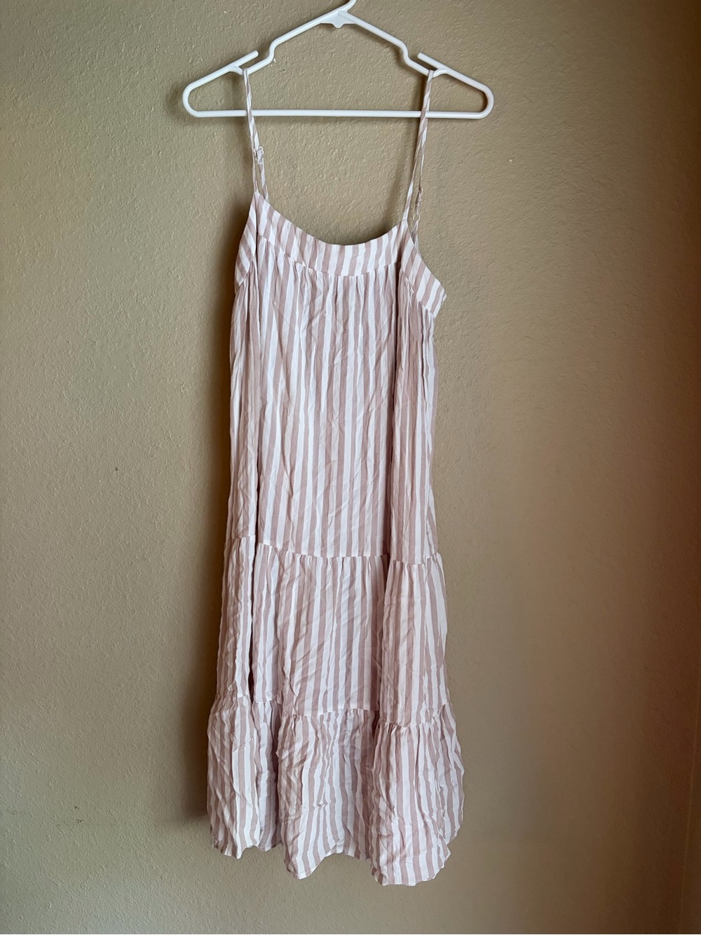 Striped Spaghetti Strap Sundress in tan and white floral midi dress -size large